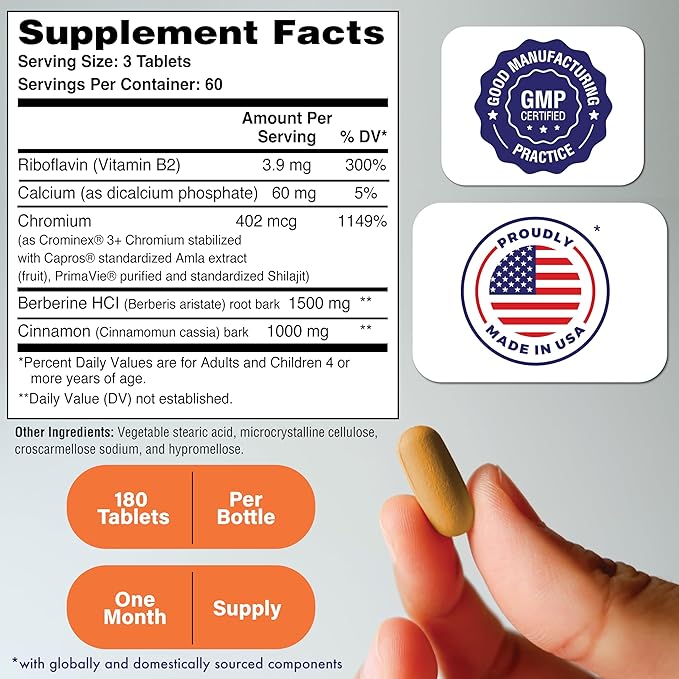 Health Thru Nutrition GlucoPro Max - with 1,500mg Berberine, Chrominex + Chromium, and 1,000mg Cinnamon | Vegan, Non-GMO, Gluten Free | Pack of 180
