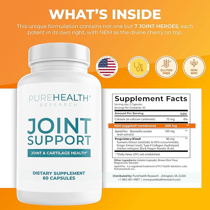 PUREHEALTH RESEARCH Joint Support NEM Eggshell Membrane with Boswellia Extract, Calcium & Turmeric, 60 Capsules