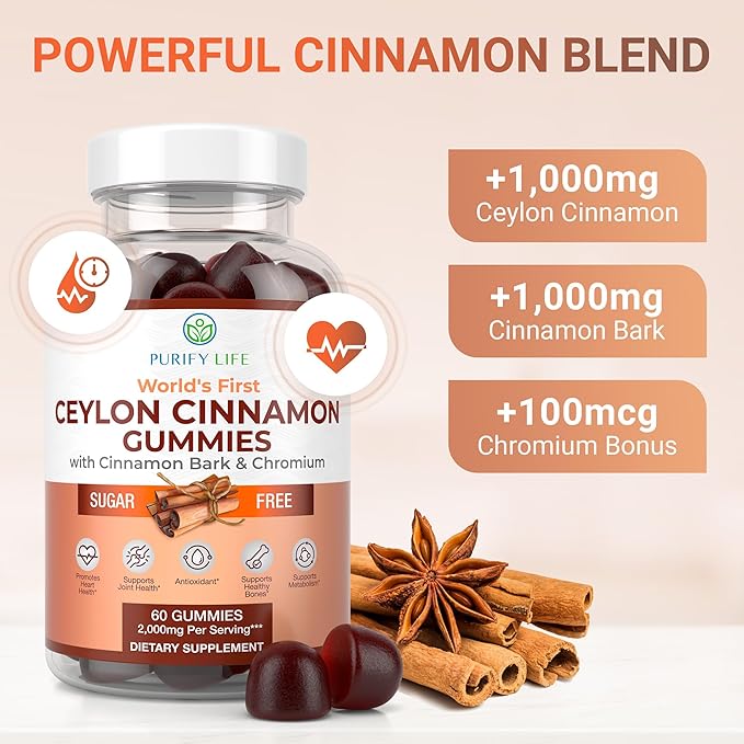Purify Life Sugar-Free Ceylon Cinnamon Gummies (2,000mg/Serving) Ceylon Cinnamon Supplement for Brain Health, Vegan, Gluten-Free, Replace Ceylon Cinnamon Capsules, Pills, Powder, Extract (60 Chews)