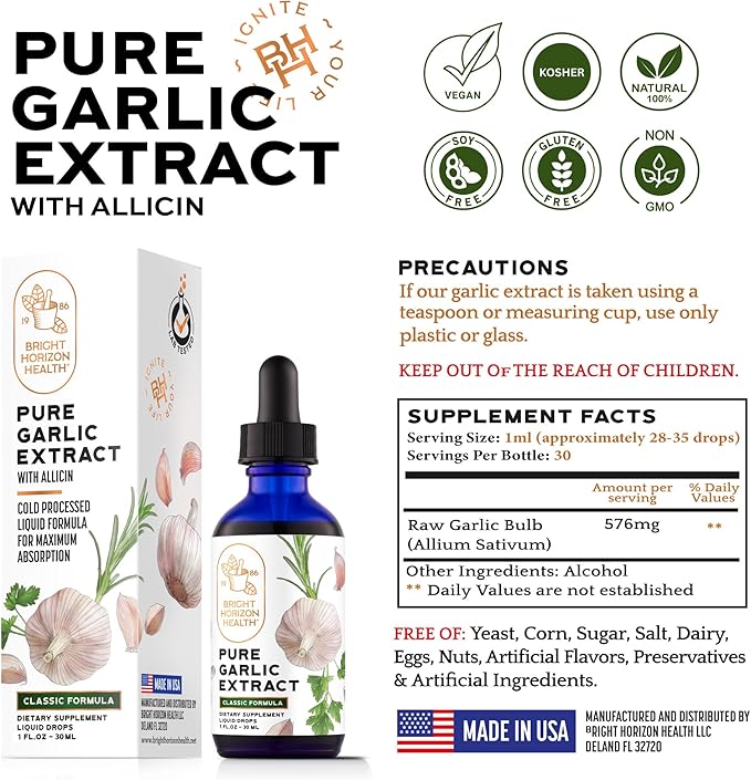 Pure Garlic Extract with Allicin Classic Cold-Processed Liquid Formula – 1 fl oz Dropper Bottle – Vegan, Non-GMO, No Additives