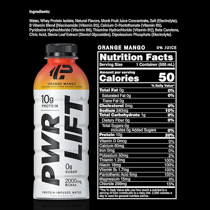 Whey Protein Water Sports Drink by PWR LIFT | Orange Mango | Keto, Vitamin B, Electrolytes, Zero Sugar, 10g of Protein | Post-Workout Energy Beverage | 16.9oz (Pack of 12)