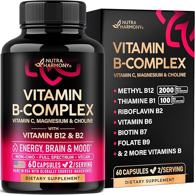 Riboflavin B2 + Vitamin B Complex for Men & Women - B12, B1, B3, B5, B6, B7, B8, B9 | Vitamin C, Choline, Inositol - B-Complex Supplement - Energy, Brain & Heart Support - Made in USA, 60 Vegan Caps