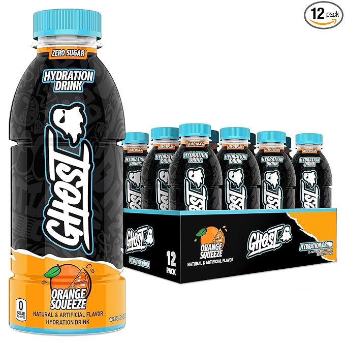 GHOST Hydration Drink, Orange Squeeze - RTD Sports Drink with Electrolytes, Natural Vitamins & Minerals - All Day Lifestyle Hydration Beverage - Zero Caffeine & Zero Sugars - 16.9 Fl Oz, 12 Pack