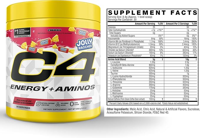 Cellucor C4 Energy + Aminos Powder | Jolly Rancher Cherry | 5g BCAAs & EAAs for Muscle Recovery, 3 Electrolytes for Hydration, 100mg Natural Caffeine | Pre Workout | Zero Sugar, 30 Servings