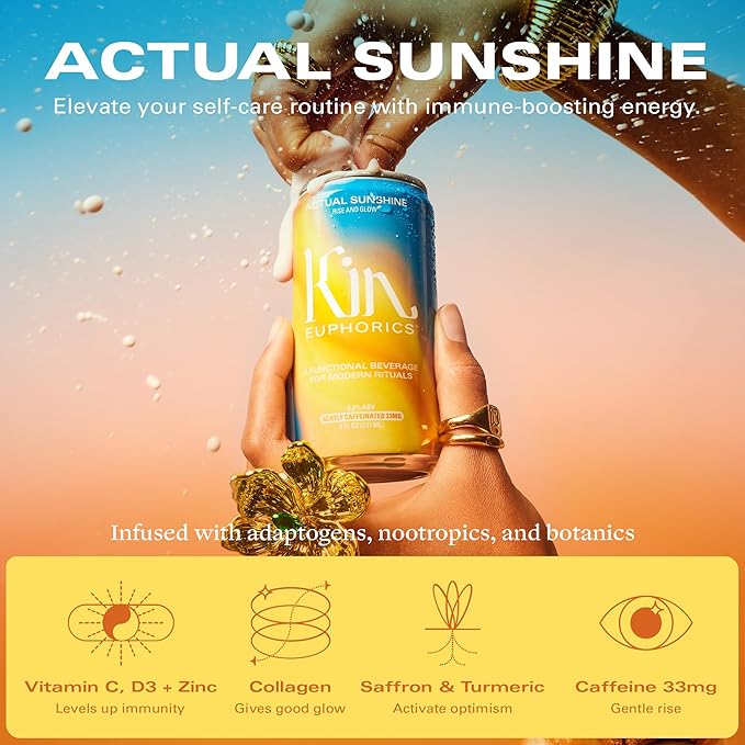 Kin Euphorics Variety 8 Pack with 2 Spritz, 2 Lightwave, 2 Bloom, and 2 Actual Sunshine by Kin Euphorics, Non Alcoholic Spirits, Ready to Drink, Awaken The Mind, Calm Your Mood, 8 Fl Oz (8pk)