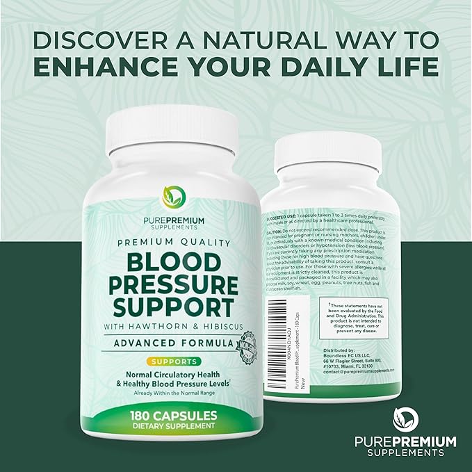 PurePremium Blood Pressure Supplements with Hawthorn Berry, Hibiscus, Garlic & Vitamin B12- Nitric Oxide Supplement for Normal Heart Health, Circulation Health & Blood Pressure Support - 180ct
