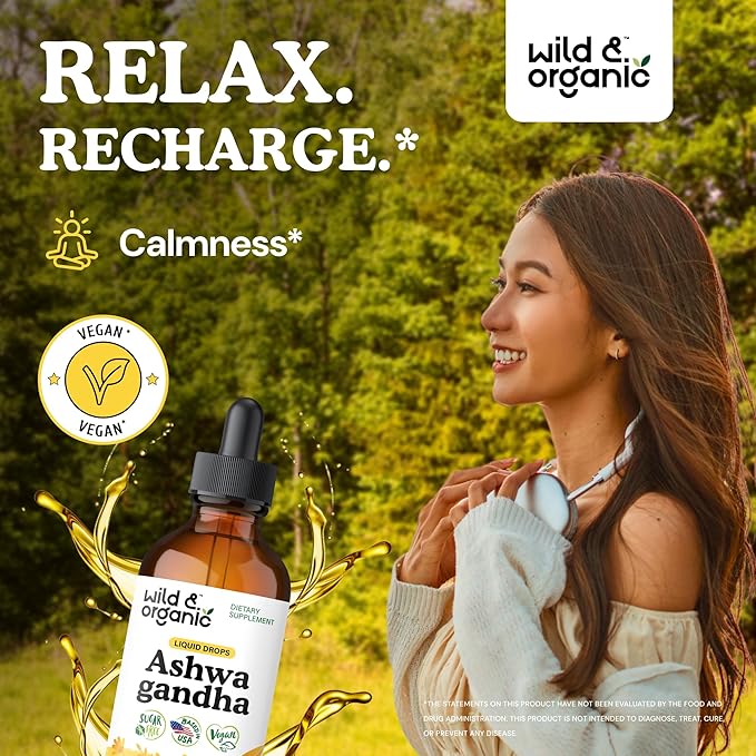 Wild & Organic Ashwagandha Drops - Mood Support Supplement w/Ashwagandha Root Extract - Liquid Drops for Calm Mind - Relaxation Supplements - Sugar & Alcohol-Free - 4 fl oz