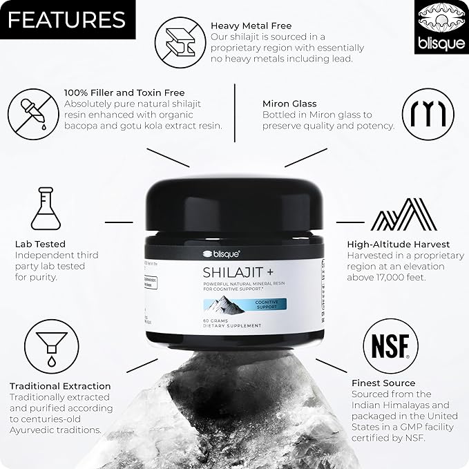 Blisque - Pure Himalayan Organic Shilajit Resin Supplement | for Cognitive Support | with Organic Bacopa and Gotu Kola | Authentic and Natural | 60 Grams