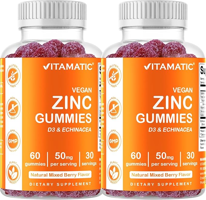 Vitamatic Zinc 50mg Gummies – 60 Vegan Gummies – Gluten-Free – 2 Pack