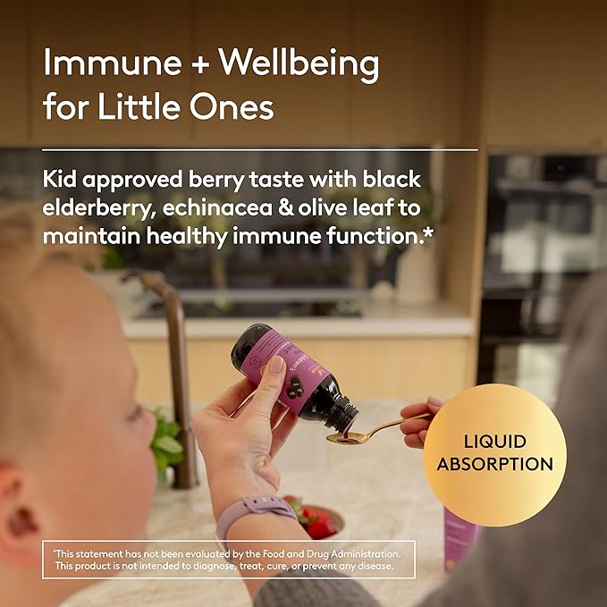 Children’s Immune + Wellbeing Syrup, Liquid Herbal Immune Support for Kids with Echinacea, Elderberry & Olive Leaf, Natural Elderberry Flavor, Plant-Based, Ages 3 to 12, 5.1 fl oz