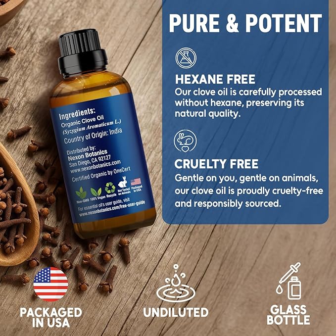 Organic Clove Essential Oil 30 ml - Pure, Natural, Undiluted for Toothache, Sore Muscles, Skin & Hair Care - Soothing Clove Bud Essential Oil - Nexon Botanics