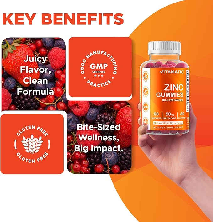Vitamatic Zinc 50mg Gummies – 60 Vegan Gummies – Gluten-Free – 2 Pack