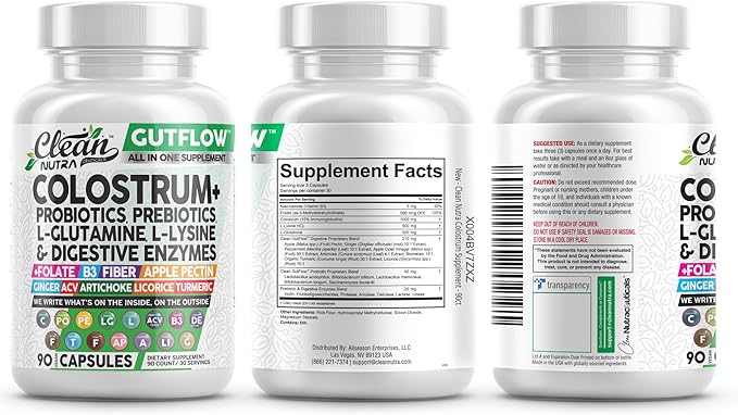 Clean Nutraceuticals Colostrum Supplement Capsules Probiotics Pills Prebiotics, L-Glutamine, Digestive Enzymes, Folate, Fiber, ACV, Turmeric, Apple Pectin and Turmeric Pills