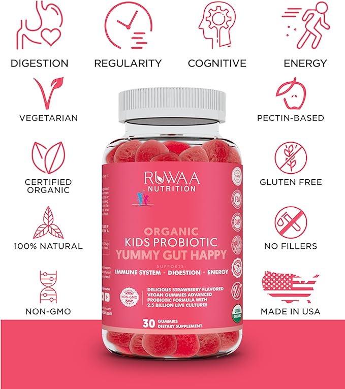 Kids Probiotic Gummies, Organic Probiotics Kids for Digestive Health, Immune Support, Constipation, Bloating. 2.5 Billion CFU, Strawberry Flavor, Chewable Probiotics for Children Ages 4+, 30ct (1)