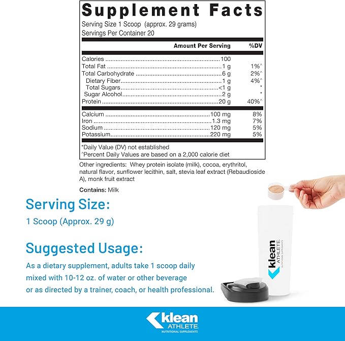 Klean Athlete Klean Isolate | Whey Protein Isolate to Enhance Daily Protein and Amino Acid Intake for Muscle Integrity* | NSF Certified for Sport | 20 Servings | Natural Chocolate Flavor