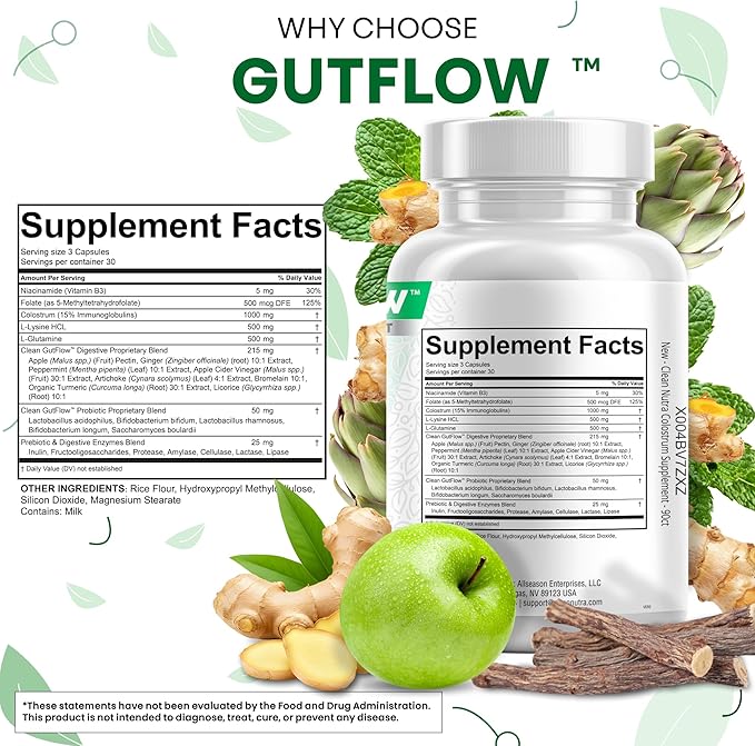 Clean Nutraceuticals Colostrum Supplement Capsules Probiotics Pills Prebiotics, L-Glutamine, Digestive Enzymes, Folate, Fiber, ACV, Turmeric, Apple Pectin and Turmeric Pills