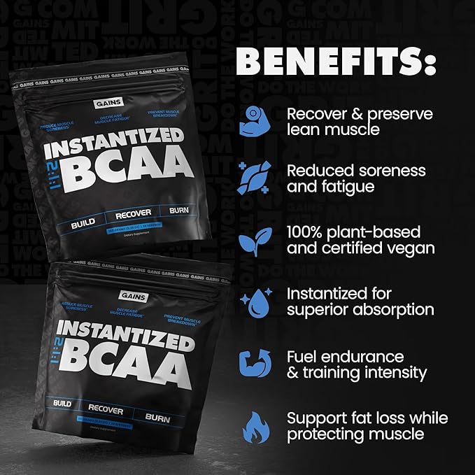 Gains in Bulk BCAA Powder, Pre Workout Plant Based Branch Chain Amino Acids, Gluten Free, Vegan Supplement with Keratin for Endurance & Strength During & Post Workout, Unflavored, 30 Servings