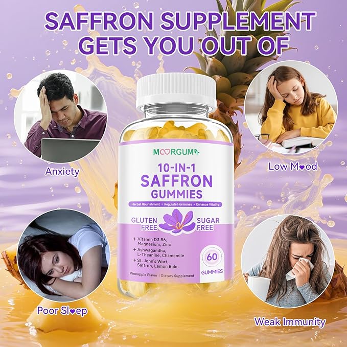 Saffron Gummies for Adult Kids, 10-IN-1 Regulate Cortisol Supplement with Saffron 88.5mg, Vitamin D3, B6, Magnesium, Zinc, Ashwagandha, L-Theanine, St. John's Wort, For Emotions, Slumber, 120 Count