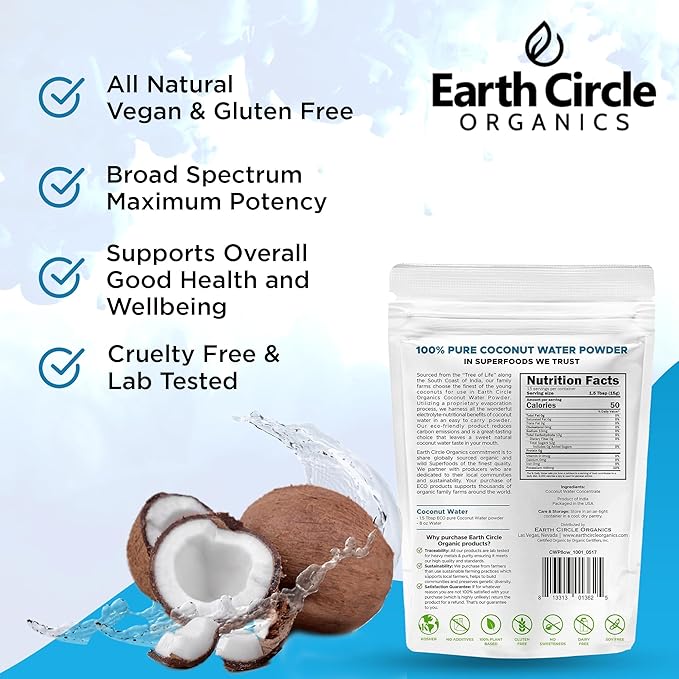 Earth Circle Organics Pure Coconut Water Powder | Coconut Electrolyte Powder for Energy and Hydration Supplement | No Additives | Unsweetened | Vegan | Keto | Gluten Free - 8oz (Pack of 3)