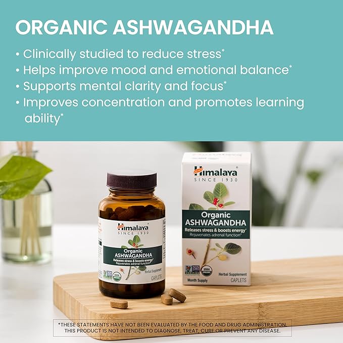 Himalaya Organic Ashwagandha Root, 120 Day Supply - Herbal Adrenal Support Supplements for Stress Relief and Energy Support - USDA Organic, Non-GMO, Vegan, Gluten Free, 670 mg, 120 Caplets