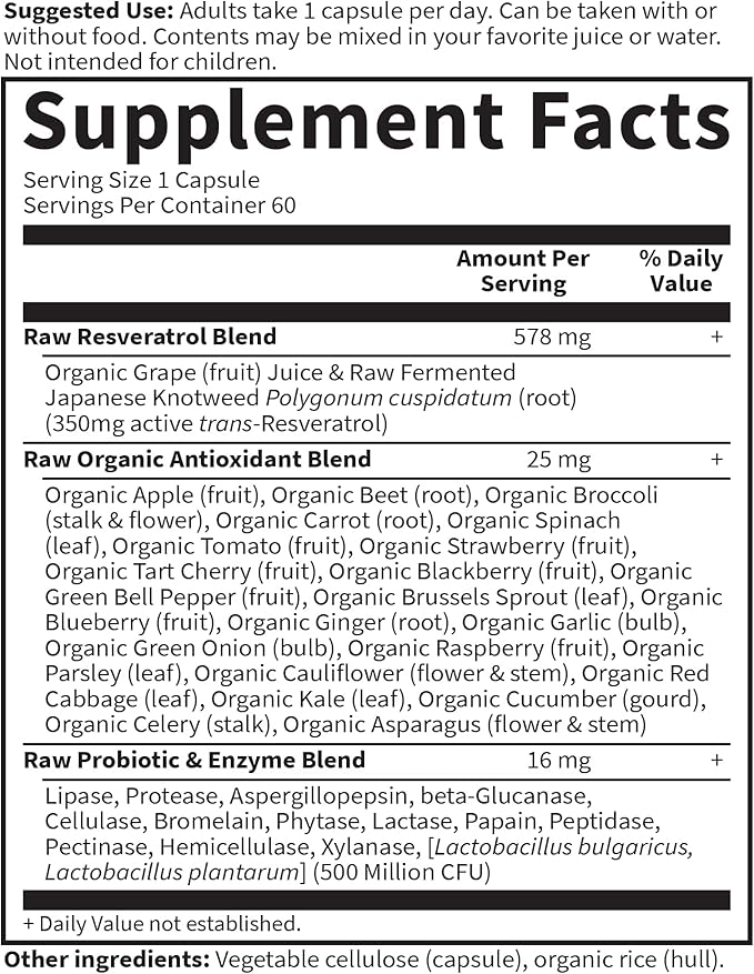 Garden of Life Heart Resveratrol Supplement - Powerful Antioxidant Support With 350mg Raw Fermented Trans-Resveratrol Plus Probiotics and Enzymes for Heart Health and Healthy Aging, 60 Vegan Capsules