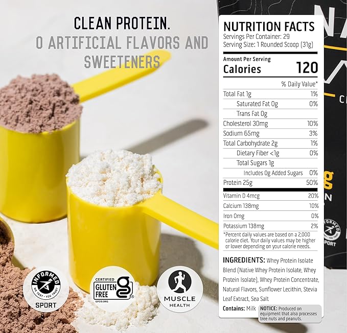 Ascent 100% Whey Protein Powder - Post Workout Whey Protein Isolate, Zero Artificial Flavors & Sweeteners, Gluten Free, 5.5g BCAA, 2.6g Leucine, Lemon Sorbet 1.7 lb