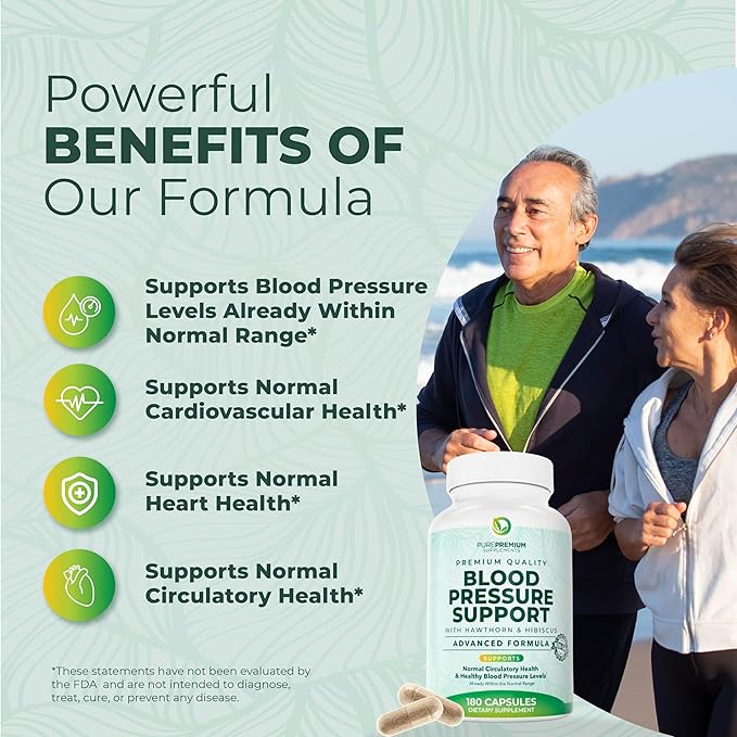 PurePremium Blood Pressure Supplements with Hawthorn Berry, Hibiscus, Garlic & Vitamin B12- Nitric Oxide Supplement for Normal Heart Health, Circulation Health & Blood Pressure Support - 180ct