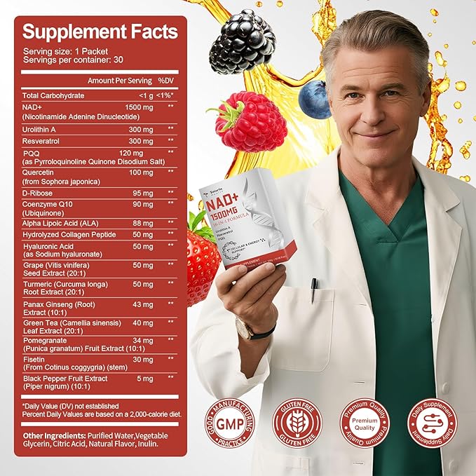 NAD Liquid Supplement 1500mg, Extra Strength NAD+, Resveratrol, Urolithin A, PQQ 16-in-1 Formula with Nicotinamide Riboside for Anti Aging, Energy, Immune, Focus for Men & Women (30 Packets)