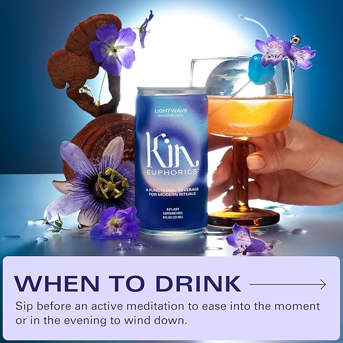 Kin Euphorics Lightwave Non-Alcoholic Functional Beverage | Calm the Mind & Mellow the Mood | Adaptogens, Nootropics, Reishi Mushroom & L-Theanine | 8 Fl Oz (24pk)