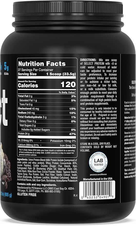 PEScience Select Protein Powder, Whey and Casein Blend, Clean Protein Powder for Women and Men, Low Calorie, Low Carb, Keto Friendly, Gluten Free - Cookies and Cream - 27 Servings