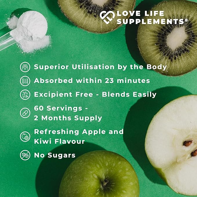 Love Life Supplements EAA Amino Acids Powder, All 9 Essential Amino Acids Including BCAA's and 2 Grams of Leucine per Serving, Apple & Kiwi Flavour, 348g - 60 Servings (5g of EAA's per Serving)