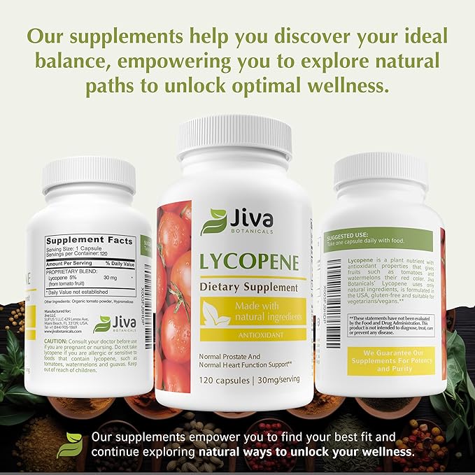 Jiva Botanicals Lycopene Supplement 30mg - Antioxidant Support for Normal Prostate and Heart Health Support - Lycopene from Tomato Extract - Made in The USA - Non GMO, Vegan - 120 Capsules