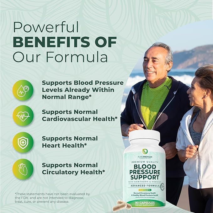 PurePremium Blood Pressure Supplements with Hawthorn Berry, Hibiscus, Garlic & Vitamin B12- Nitric Oxide Supplement for Normal Heart Health, Circulation Health & Blood Pressure Support - 90ct