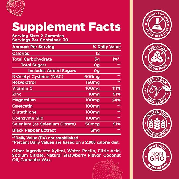 NAC Gummies 600mg, N Acetyl Cysteine Supplement with Glutathione, Resveratrol, Magnesium, CoQ10, NAC Chewable for Antioxidants & Immune Support, Strawberry Flavor 60 Gummies
