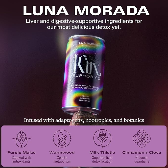 Kin Euphorics Luna Morada Non-Alcoholic Functional Beverage | Metabolic Tonic for Digestive & Liver Support | Caffeine-Free & Functional Beverage | 8 Fl Oz (8pk)
