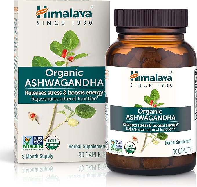 Himalaya Organic Ashwagandha Root, 90 Day Supply - Herbal Adrenal Support Supplements for Stress Relief and Energy Support - USDA Organic, Non-GMO, Vegan, Gluten Free, No Additives, 670 mg, 90 Caplets
