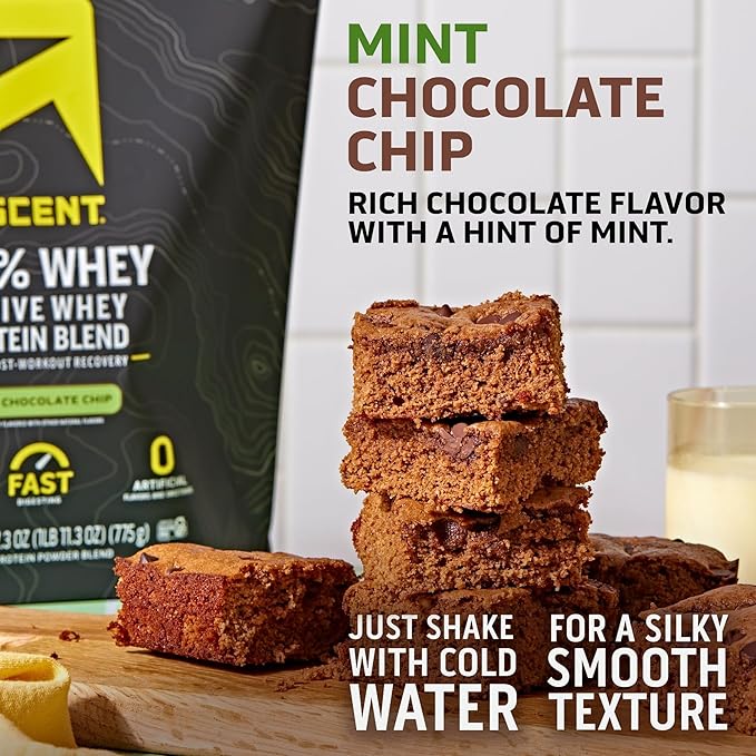 Ascent 100% Whey Protein Powder - Post Workout Whey Protein Isolate, Zero Artificial Flavors & Sweeteners, Gluten Free, 5.5g BCAA, 2.6g Leucine, Military Exclusive, Mint Chocolate Chip 1.7 lb