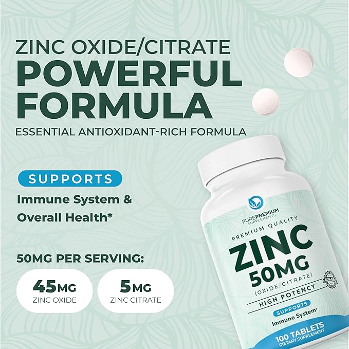 PurePremium Natural Zinc 50mg Supplements for Men/Women - High Potency Vitamin Zinc Citrate/Oxide for Adults, Immune Antioxidant, Energy Support - 100 Tablets