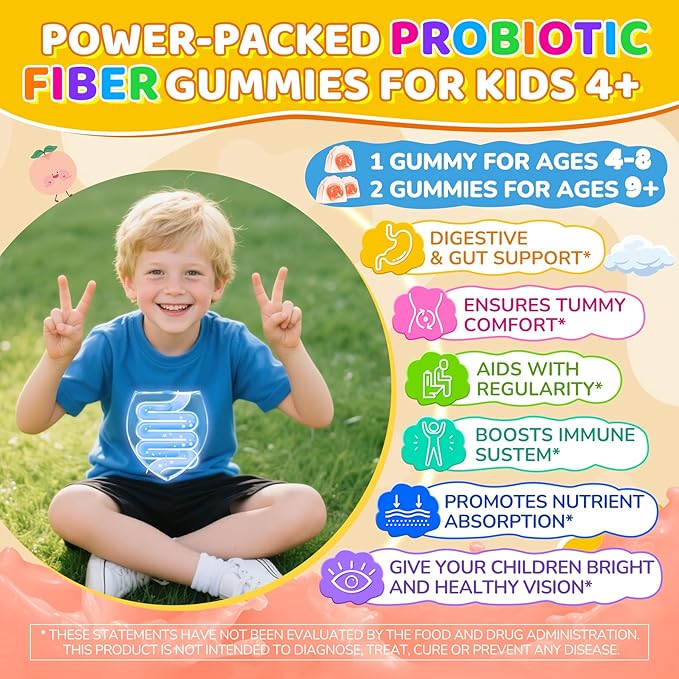 Probiotics for Kids Teen + Veggie & Fruit Fiber Gummies, with 12 Billion CFU Probiotic, Organic Inulin Prebiotics Fiber, Methyl B12 B6 C for Children's Digestive & Gut, Immune Health, Sugar Free,60Cts