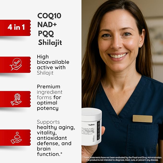 NAD+ CoQ10 PQQ and Shilajit - Longevity, Healthy Aging, Heart & Brain - Superior Bioavailable - Cellular Energy, Mitochondrial,- Nicotinamide Riboside, Ubiquinol - 60 Days Vegan Supply