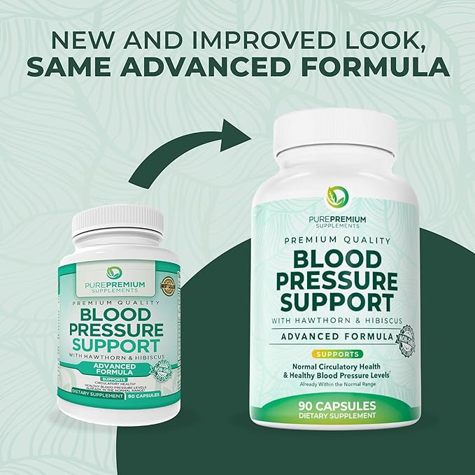 PurePremium Blood Pressure Supplements with Hawthorn Berry, Hibiscus, Garlic & Vitamin B12- Nitric Oxide Supplement for Normal Heart Health, Circulation Health & Blood Pressure Support - 90ct