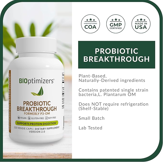 BiOptimizers Probiotic Breakthrough – Lactobacillus Plantarum OM Probiotics & Prebiotics Health Supplement for Gut, Digestive & Immune Support Probiotics for Women Men Elderly– 120 Vegan Capsules