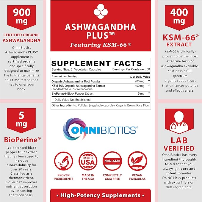 OmniBiotics Organic Ashwagandha Supplement β 1300mg Total Strength β 900mg Organic Root Powder & 400mg KSM-66 Extract β Stress Relief, Mood & Sleep Support β Non-GMO β 120 Vegan Capsules