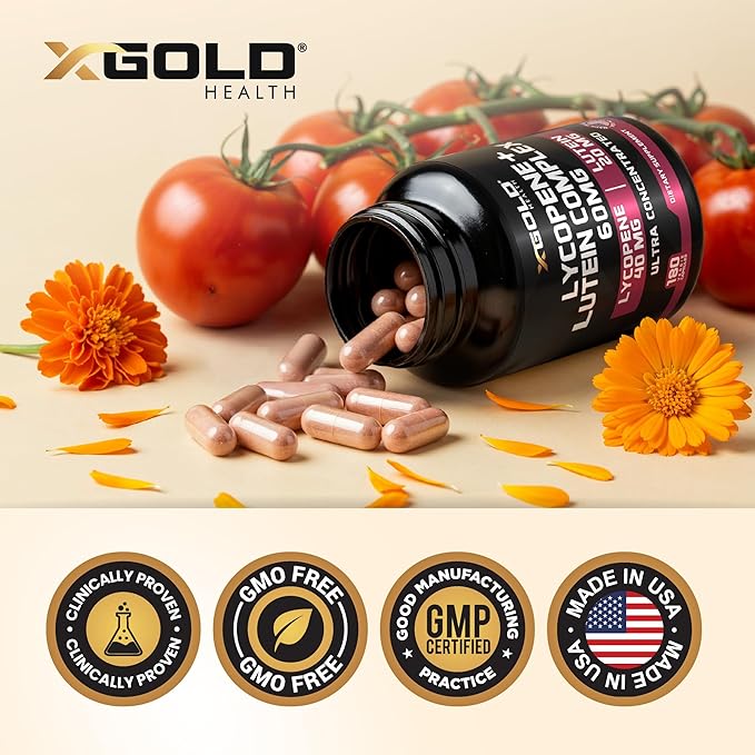 Lycopene + Lutein Supplement 60mg | Lycopene 40mg from Tomato & Lutein 20mg from Marigold Extract - 2-in-1 Ultra-Concentrated Health Supplements | Non-GMO & Gluten Free - 180 Veggie Caps Made in USA