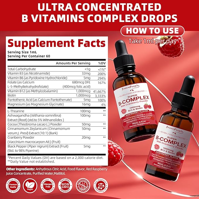 Super B Complex Liquid | B12 Methylcobalamin + Methyl Folate | B Vitamins Complex Liquid Drops with B3,B5,B6,B7, Ashwagandha & L-Theanine for Energy, Focus & Immunity, 4 fl Vegan Raspberry