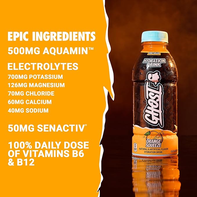 GHOST Hydration Drink, Orange Squeeze - RTD Sports Drink with Electrolytes, Natural Vitamins & Minerals - All Day Lifestyle Hydration Beverage - Zero Caffeine & Zero Sugars - 16.9 Fl Oz, 12 Pack
