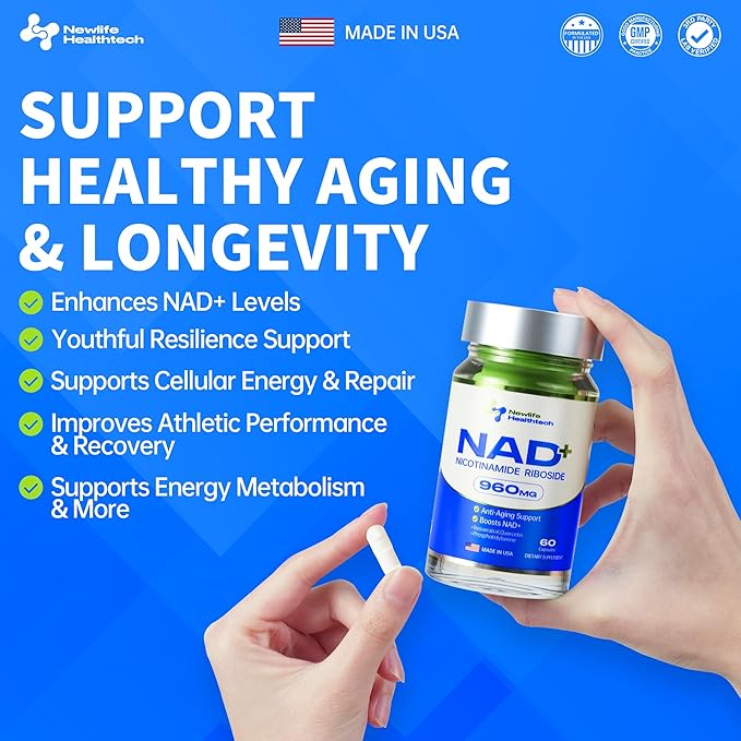 NAD+ Supplement, Nicotinamide Riboside, Resveratrol, Quercetin, NMN Supplement Alternative for Anti-Aging, Energy, Focus, 960mg for Women and Men, 60 Capsules
