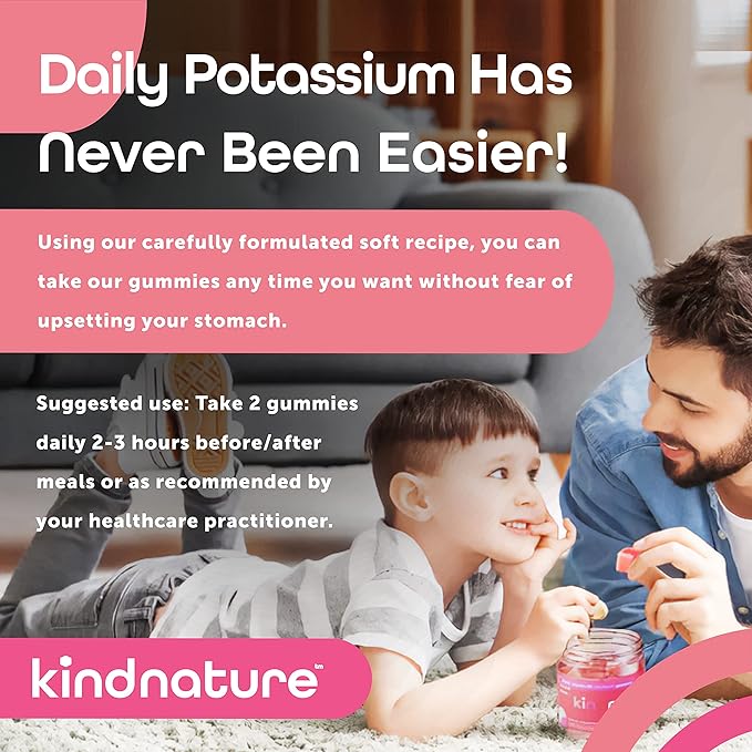 KINDNATURE High Potassium Supplement Gummies 500mg - Chewable for Adults & Kids - Pure Potassium Bicarbonate Mineral Supplement - Vegan, Gluten Free, Non GMO - 60 Gummies (30 Day Supply)