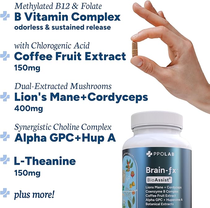 Brain-fx™ B Vitamins & Herbs for Memory and Focus, Nootropic Supplement, Methylated B Complex Choline Bacopa Lions Mane Cordyceps Mushroom Coffee Fruit Extract Alpha GPC L Theanine Huperzine A - 60ct