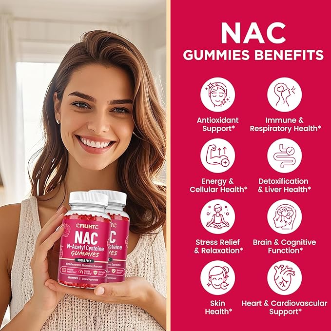 NAC Gummies 600mg, N Acetyl Cysteine Supplement with Glutathione, Resveratrol, Magnesium, CoQ10, NAC Chewable for Antioxidants & Immune Support, Strawberry Flavor 60 Gummies